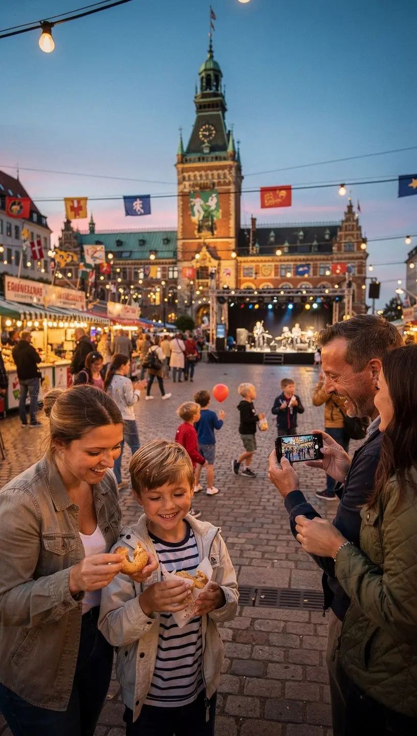Lokalt kvarter med små caféer, farverige huse og gående mennesker i København.
